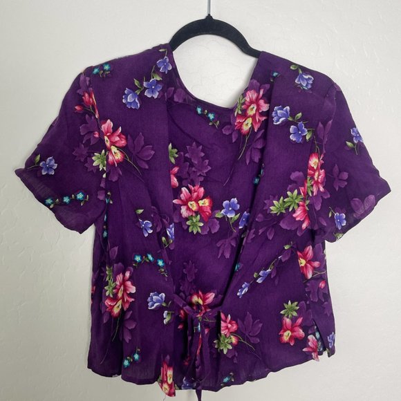 Floral Tie Back Button Down Chic Glam Antique Floral Flower Street Blouse - Picture 7 of 9